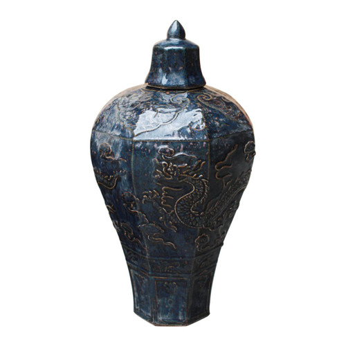 Carved Dragon Plum Porcelain Vase Rust Charcoal