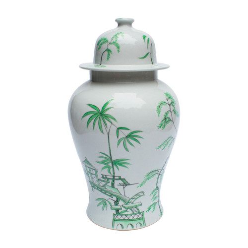 White Temple Porcelain Jar With Green Chinoiserie Motif