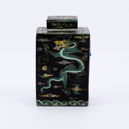 Black Square Tea Porcelain Jar Dragon Motif