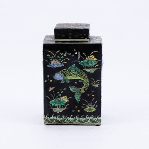 Black Square Tea Porcelain Jar Fish Motif