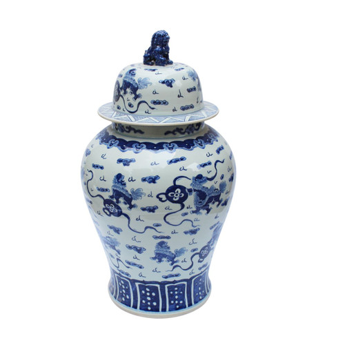Blue & White Playing Foo Dog Temple Porcelain Jar Lion Lid XL