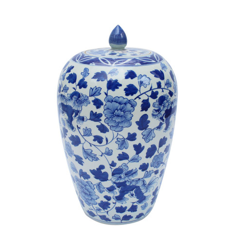 Blue & White  Foo Dog Peony Lidded Ginger Porcelain Jar