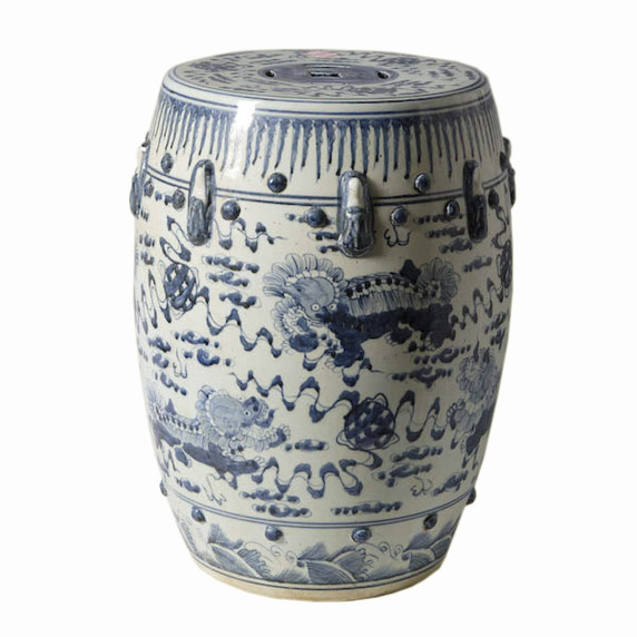 Blue & White Garden Stool Lion Motif