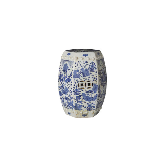 Blue & White Hexagonal Fish Porcelain Garden Stool