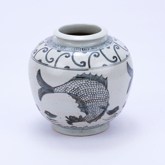 Blue & White Yuan Fish Open Top Porcelain Jar