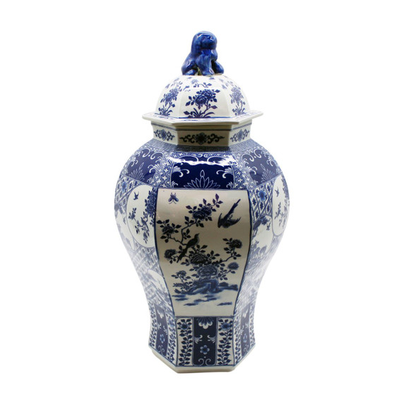 Blue & White Hexagonal Floral Bird Medallion Temple Porcelain Jar