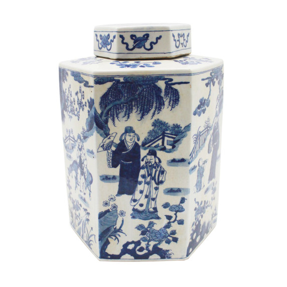 Blue & White Hex Tea Porcelain Jar Ancient People