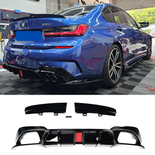 2019-2022 BMW G20 330i/M340i 3 Series Gloss Black CP Style Rear Bumper Diffuser with  LED Light