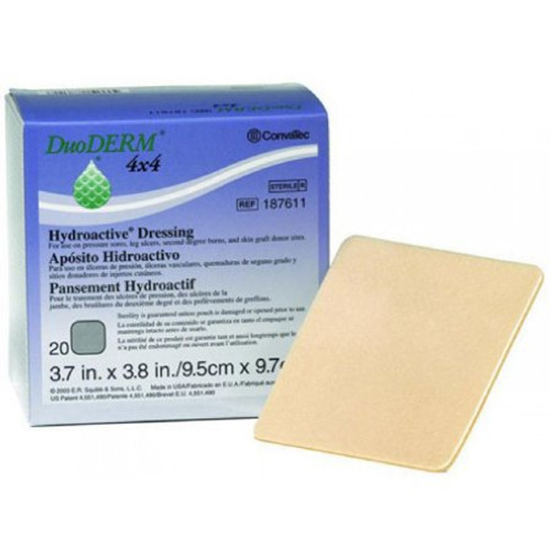 DuoDERM Hydroactive Dressing 4" x 4" square dressing is designed for management of partial and full-thickness pressure sores and leg ulcers.