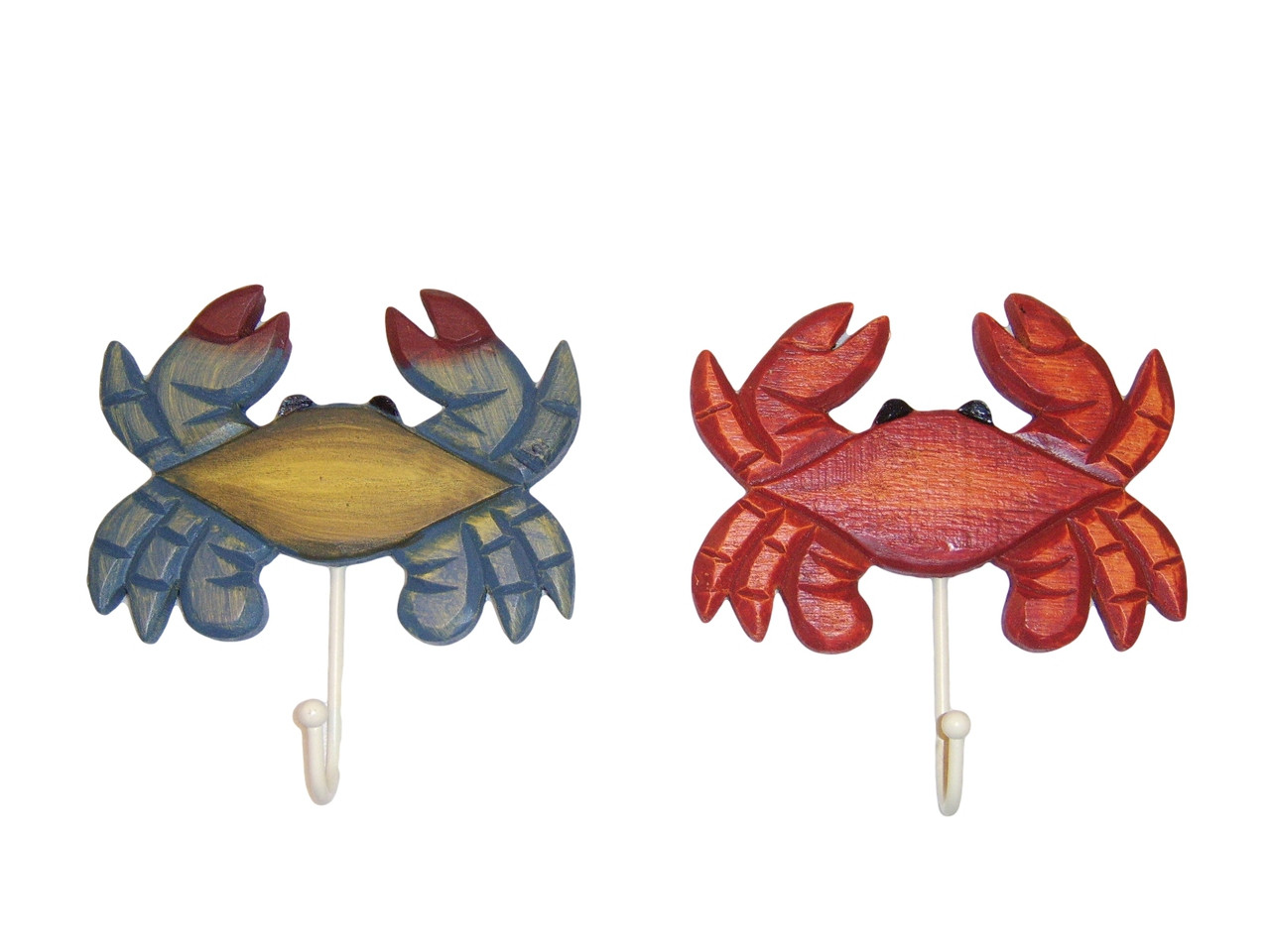 Red Steamed Crab & Blue Wooden Crab Wall Hooks Set of 2