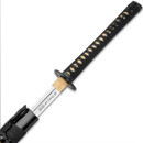 Shikoto Longquan Master Katana has sharp double-edged T10 steel blade, black tsuba, rayskin handle and black lacquered scabbard