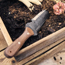 Hori Hori heavy-duty garden knife has full tang double-edged blade with plain and serrated edges, back of the blade is slightly scooped