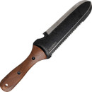 Hori Hori heavy-duty garden knife has full tang double-edged blade with plain and serrated edges, back of the blade is slightly scooped