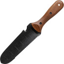 Hori Hori heavy-duty garden knife has full tang double-edged blade with plain and serrated edges, back of the blade is slightly scooped