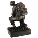 Kneeling soldier statue is resin with bronze finish, a fitting tribute for those who have lost loved ones in the service