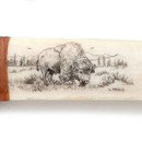 one side of handle on Buffalo Rib Bone Obsidian Knife has scrimshaw engraving of grazing buffalo