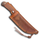 Bushmaster Butcher Bowie Knife has sharp full-tang, clip point blade, hardwood scales, brass pins, lanyard hole, leather sheath