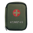 Military inspired first aid kit is housed in a soft canvas pouch with a nylon zipper and belt loop.