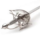 Musketeer rapier has ambidextrous basket hilt plated with nickel silver and wood grip wrapped with twisted wire