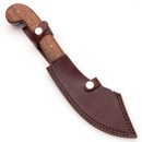 heavy duty short scimitar knife has full-tang carbon steel blade, hardwood grip with brass pins, and rough forged blade