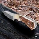 Gil Hibben knife for hard everyday use has stag scales, full tang blade with brass liner, includes leather belt sheath