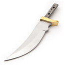 stainless steel long upswept Skinner Blade knife blank is sharp, has attached solid brass guard, and is pre drilled for pins