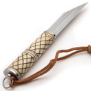 Voyager Scramasax Viking Knife has carved bone handle with black stained cross-hatching and pommel with lanyard ring and thong