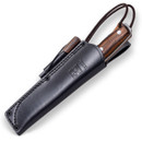 Joker Nomad Walnut Handle Knife includes leather sheath that allows high and low vertical carry and a pouch with fire striker
