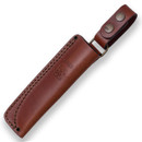 This skinning/outdoor knife has a full tang, Sleipner D2 steel blade. The grip is beautiful Walnut, with black and gray spacers/liners between the tang and scales, and is contoured for comfort.