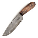 Frontier Canoe Knife handmade in the USA has a drop point, full tang blade, American Curly Maple scales