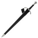 Tactical single-handed broadsword includes wooden scabbard dressed with metal accents