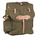 military surplus Romanian Rucksack in OD canvas with adjustable leather straps, metal buckles, reinforced stitched back