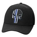 A dramatic skull shaped “thin blue line” flag emblem is embroidered on this woven black cap