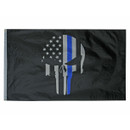 Dramatic skull shaped thin blue line flag is 100% polyester with 2 brass mounting grommets, measures 3’ x 5’