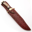 Iron Maiden Damascus Bowie Knife with Stag Handle includes leather scabbard with belt loop and decorative lacing