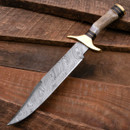 Iron Maiden Damascus Bowie Knife with Stag Handle, brass guard and pommel, brass and black spacers