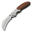 Hawkbill pocket knife has hardwood grips, steel bolsters, a 3CR13 stainless steel razor sharp blade and removable pocket clip