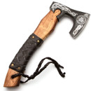 Nordic Throwing Axe with ash handle covered with braided leather and darkened blade etched with Valknut and dragons
