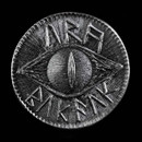 Solid black iron Eye of Sauron LOTR coin has a crude eye surrounded by runes meaning "OBEY MORDOR"