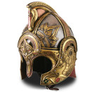 LOTR King Theoden wearable poly resin helmet looks like polished metal, includes display stand shaped as neck and shoulder armor