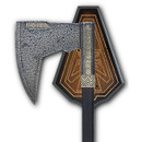Bearded Axe of Gimli has stainless steel blade, brass engraved decorations and weathered steel finish, includes display plaque