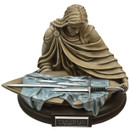 hand painted licensed statue of Elven Princess cradles shield holding shattered remains of LOTR Narsil sword