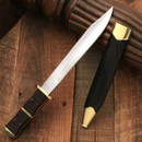 replica Chevalier Bowie with high carbon steel clip point blade, checked grip, leather scabbard with brass throat and chape