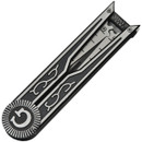 Pantographic Paratroopers Knife with Masonic Symbols closes with linkage and has a black and silver aluminum handle