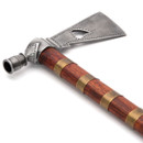 functional 1830’s Peace Pipe Tomahawk has high carbon steel head with weeping heart cut-out, wood handle with brass bands