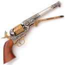 non-firing replica 1851 Civil War Revolver has working loading lever, wood grips, engraving on frame and barrel