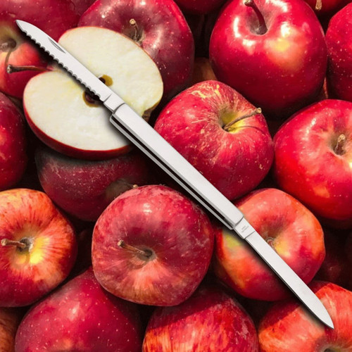 Folding stainless steel harvest fruit knife has 2 blades, a serrated and a plain edge