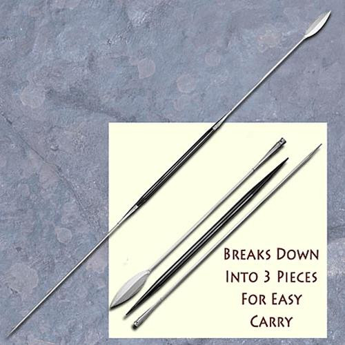 7' long range spear has flat projectory and balancing butt spike that can be used as an alternate point for practice throwing