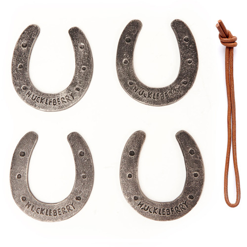 Set of 4 miniature cast-iron horseshoes includes leather carry strap. Ideal for family and backyard fun and parks.