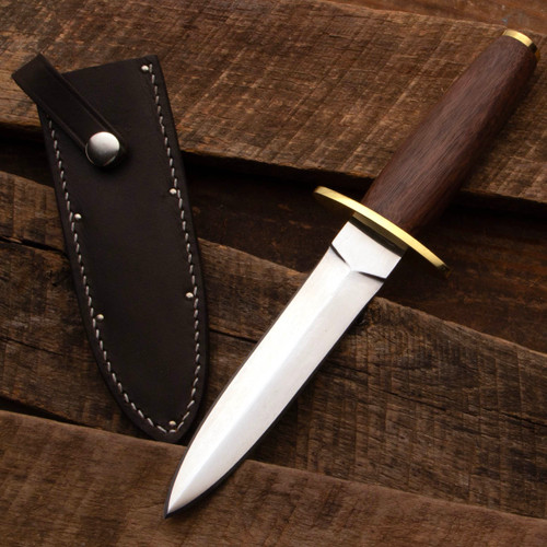 Davey Crockett Replica Knife with sharp double edge blade, brass guard, and hardwood handle, includes leather belt sheath